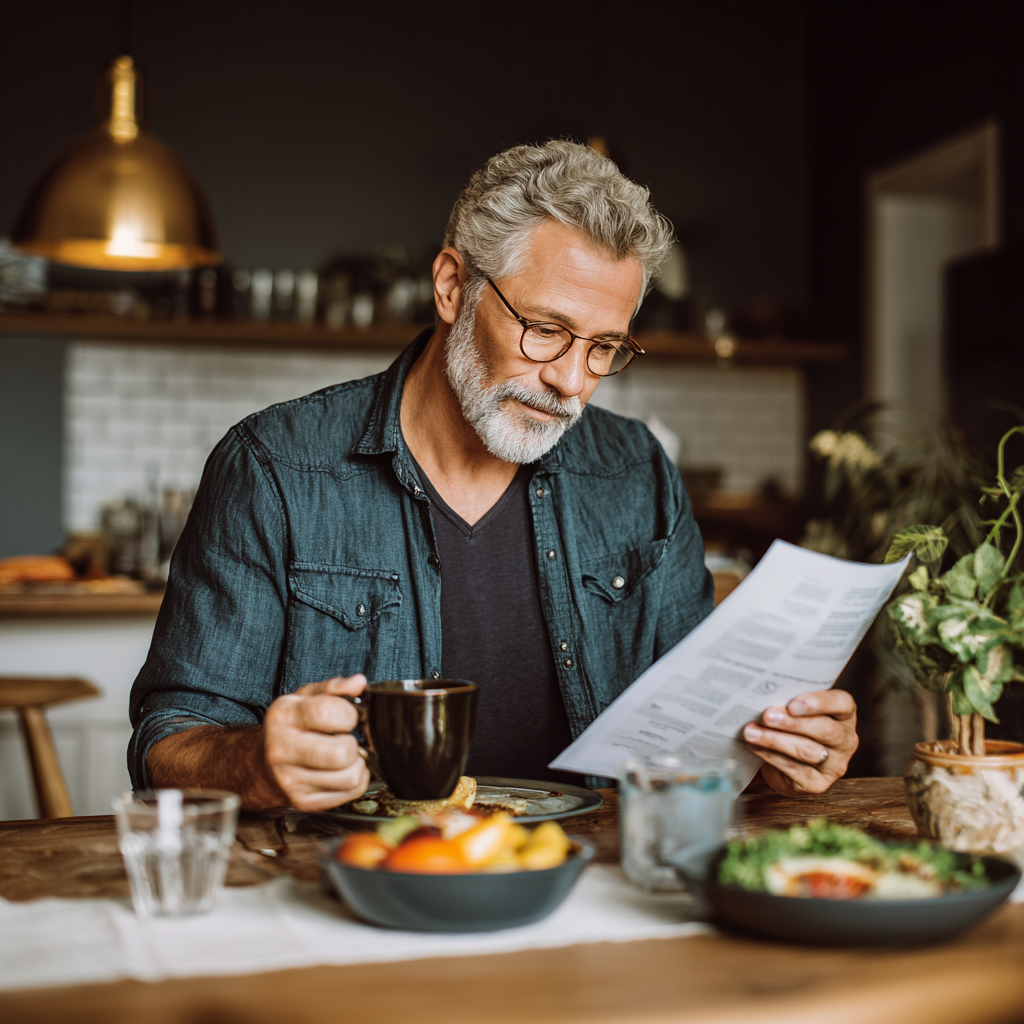 Мъж на 58 години, седящ на масата в трапезарията и четящ хранителен план, докато пие кафе