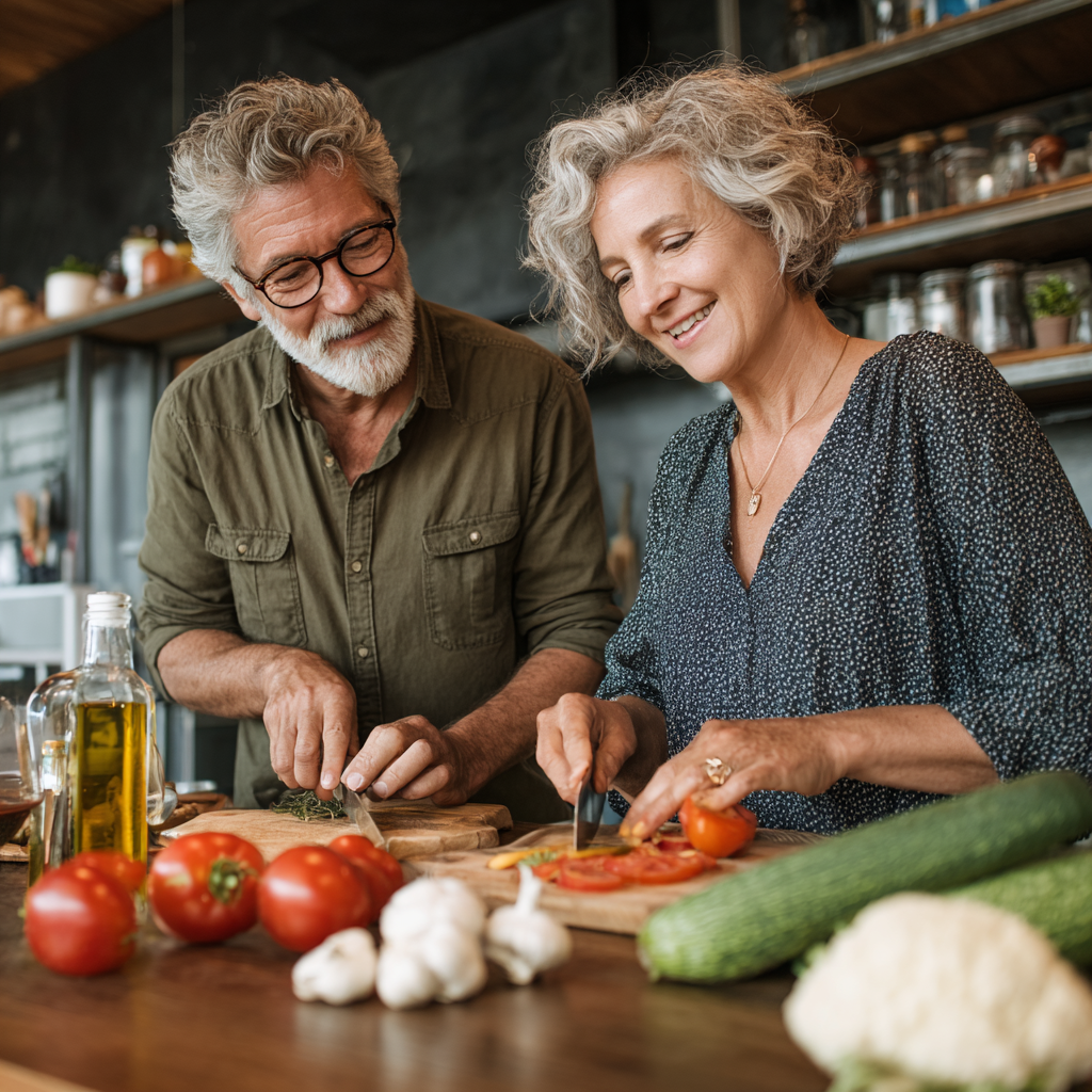 Двойка от мъж и жена на около 55 години, готвещи заедно в модерна кухня и усмихвайки се, докато приготвят здравословна храна